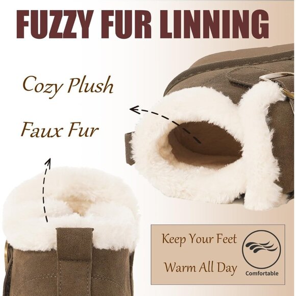 Women's Snow Winter Warm Hook Loop Dark Brown Ankle Faux Fur Lining Booties - Picture 2 of 6